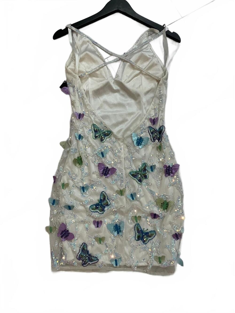 White Beaded Short Formal Dress Multicolor Butterflies - Picture 3 of 5